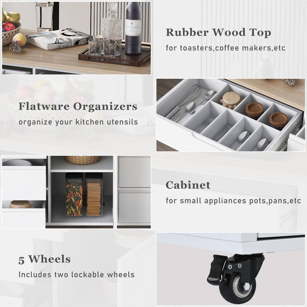 White Rubber Wood Countertop 53.1 in. W Kitchen Island on 5-Wheels with 8-Handle-Free Drawers and Flatware Organizer EC-SK000002AAW