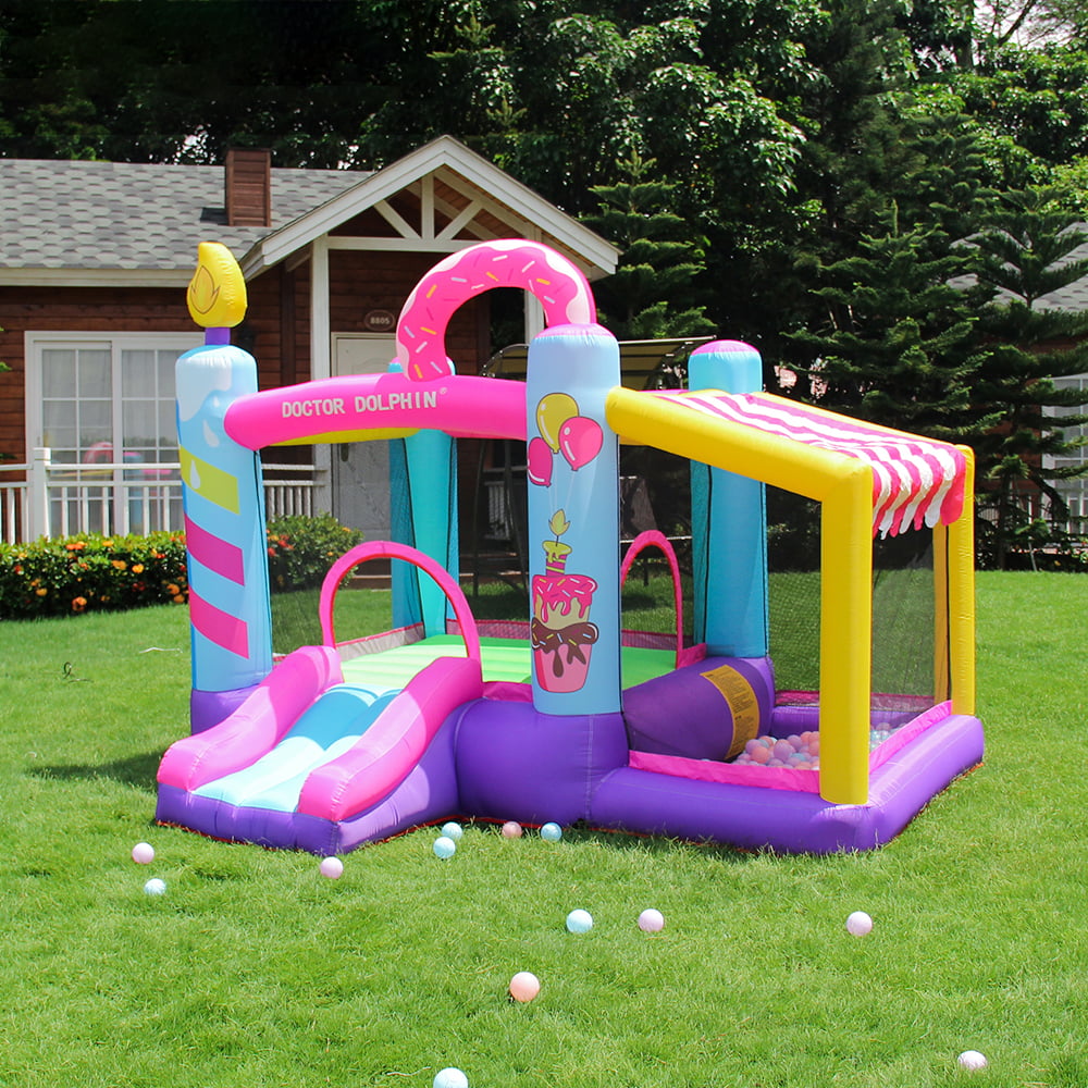 Doctor Dolphin Inflatable Slide Bouncer House Jumper Bouncing House Jumping Castle with Ball Pool Long Slide Air Blower Stakes and Storage Bag