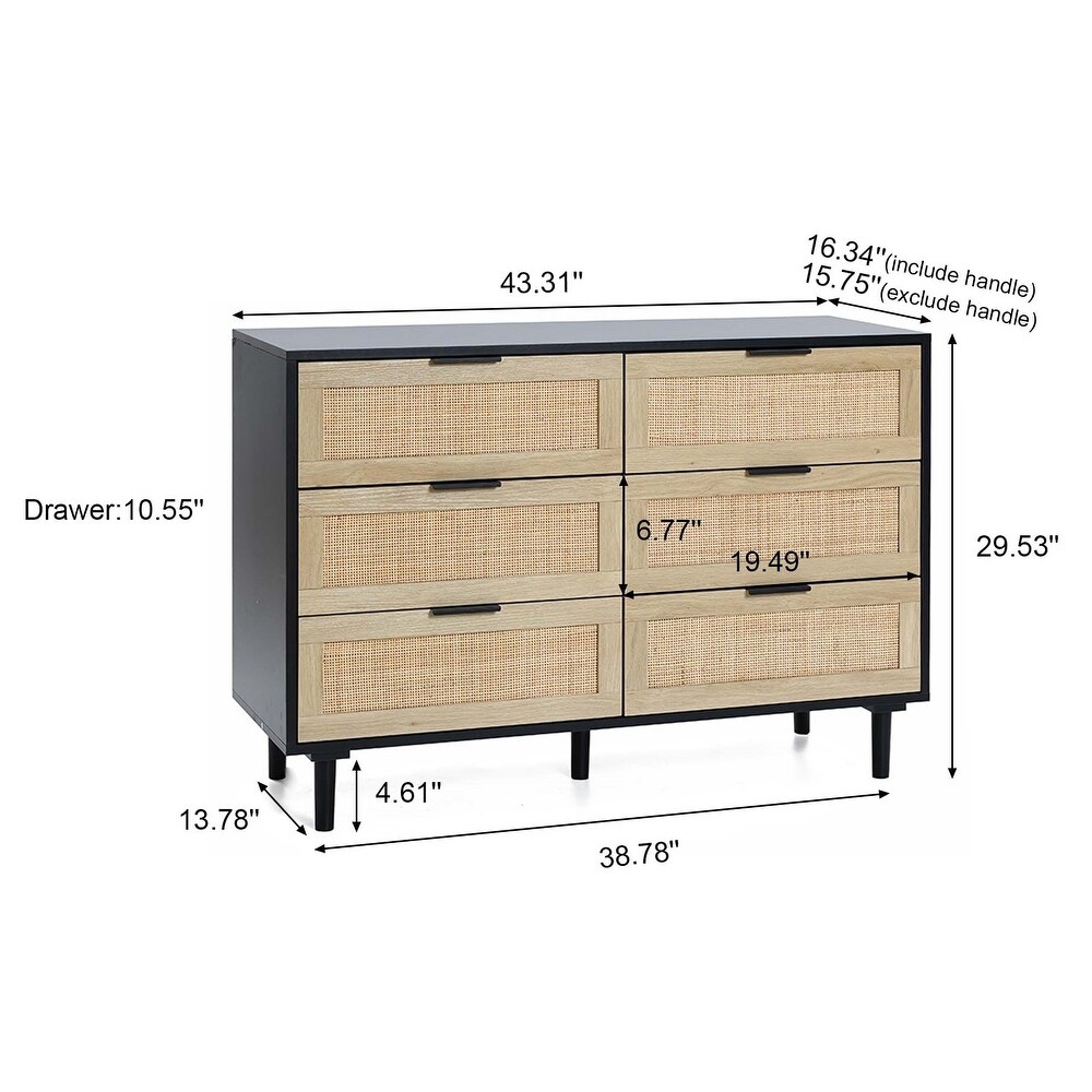 Black and Brown Manufactured Wood 6 Drawer Rattan Dresser