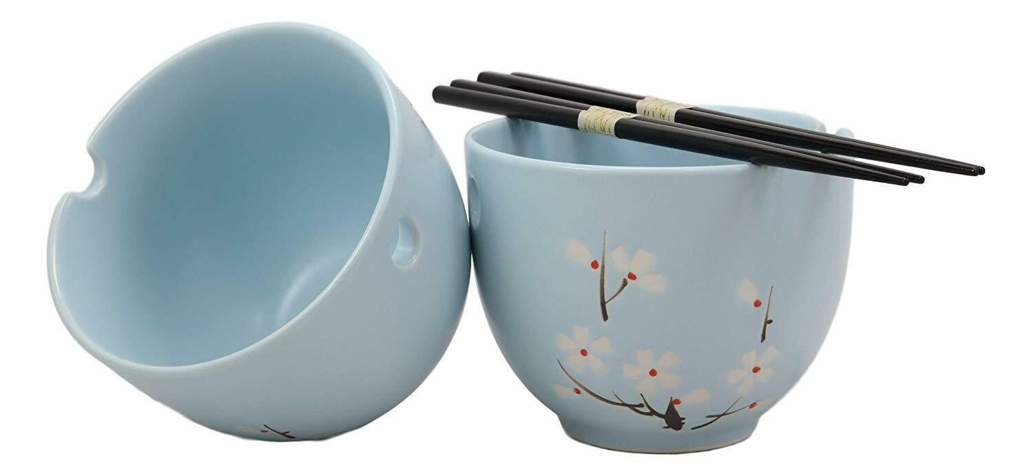 1 Ceramic Japanese Cherry Blossoms Sky Blue Ramen Noodle Bowls and Chopsticks Set 2 EBR02