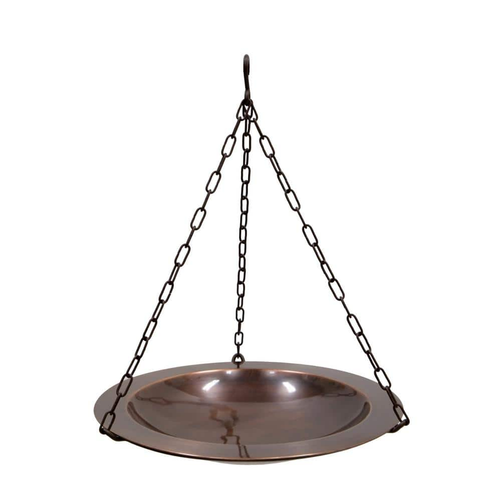 ACHLA DESIGNS 18 in. Dia Round Antique Finished Classic Copper Hanging Birdbath with Roman Bronze Wrought Iron Hanger BBH-04CP