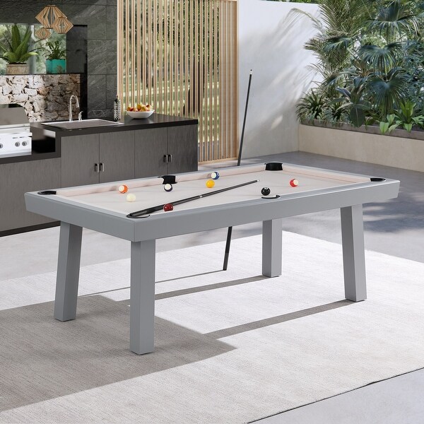 Newport Outdoor Patio 7ft Slate Pool Table 6Seater Dining Set with 4 Benches and Accessories，Cement Finish