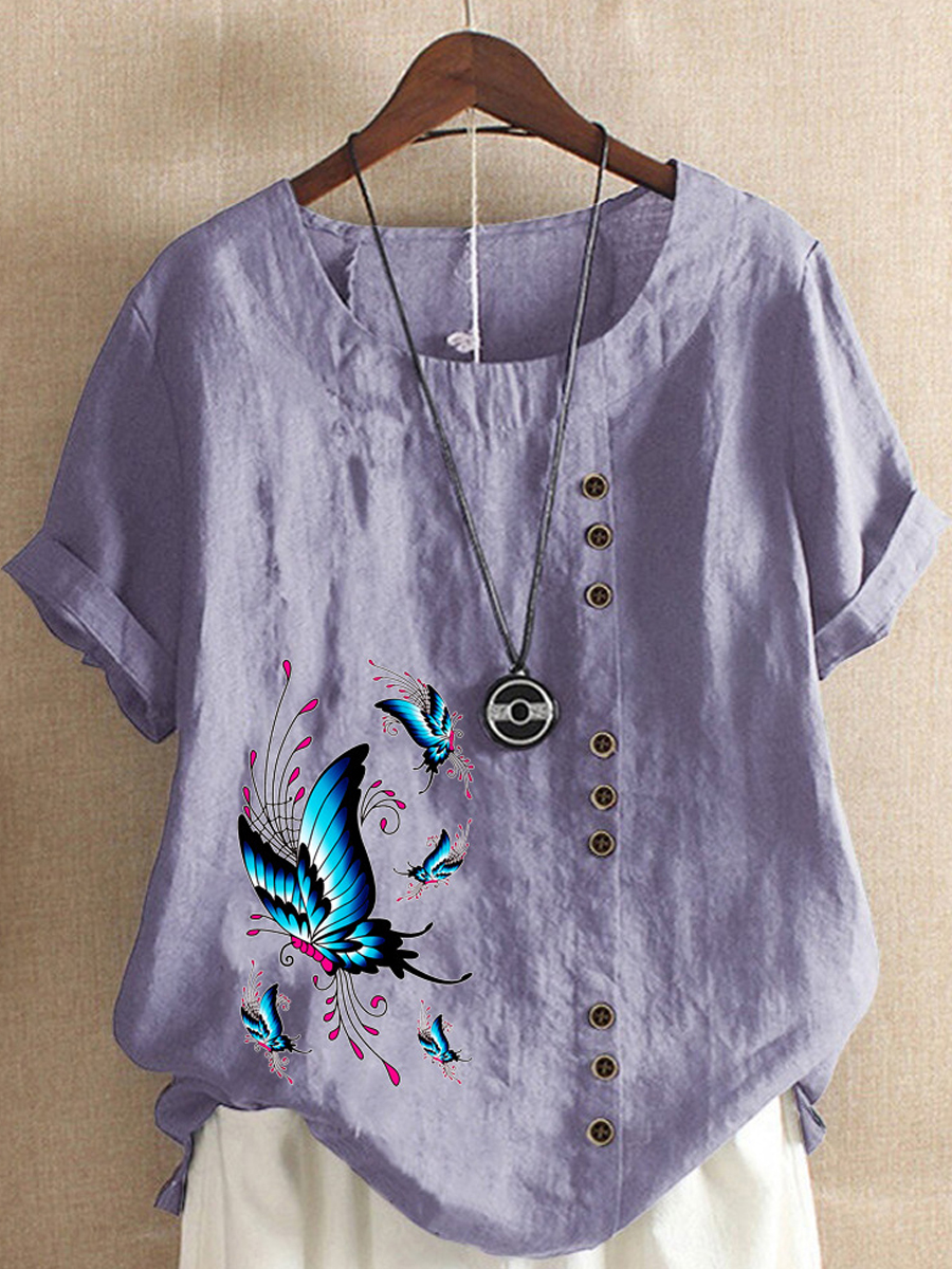 Loose Casual Butterfly Print Crew Neck Short Sleeve Blouse