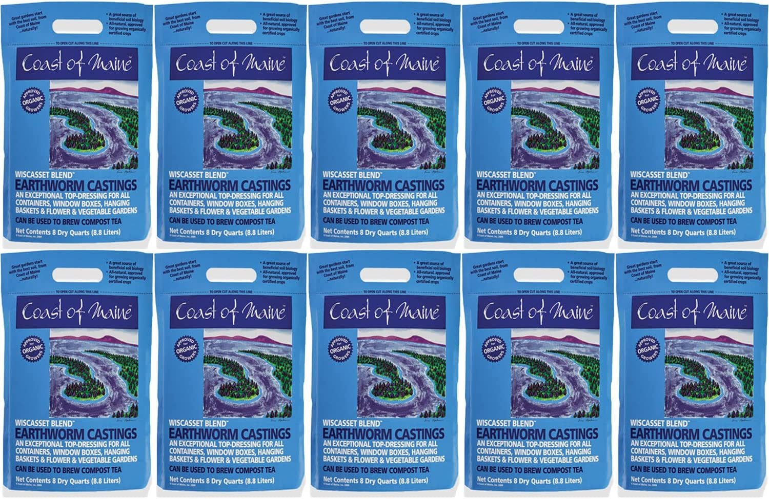 Coast of Maine OMRI Listed Wiscasset Blend Earthworm Castings Compost Potting Soil Blend for Container Gardens and Flower Pots, 8 Quart Bag 10 Pack