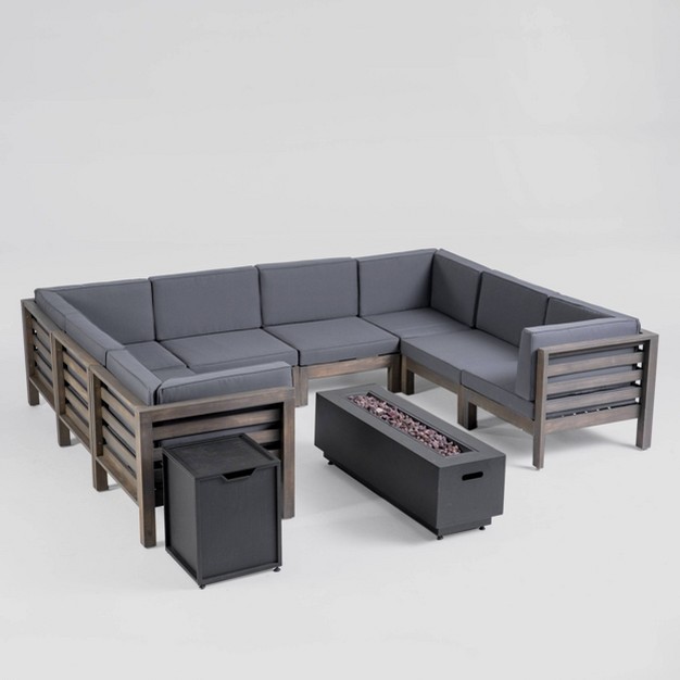 Malawi 10pc Acacia Ushaped Sectional Sofa Set With Fire Pit Gray dark Gray Christopher Knight Home