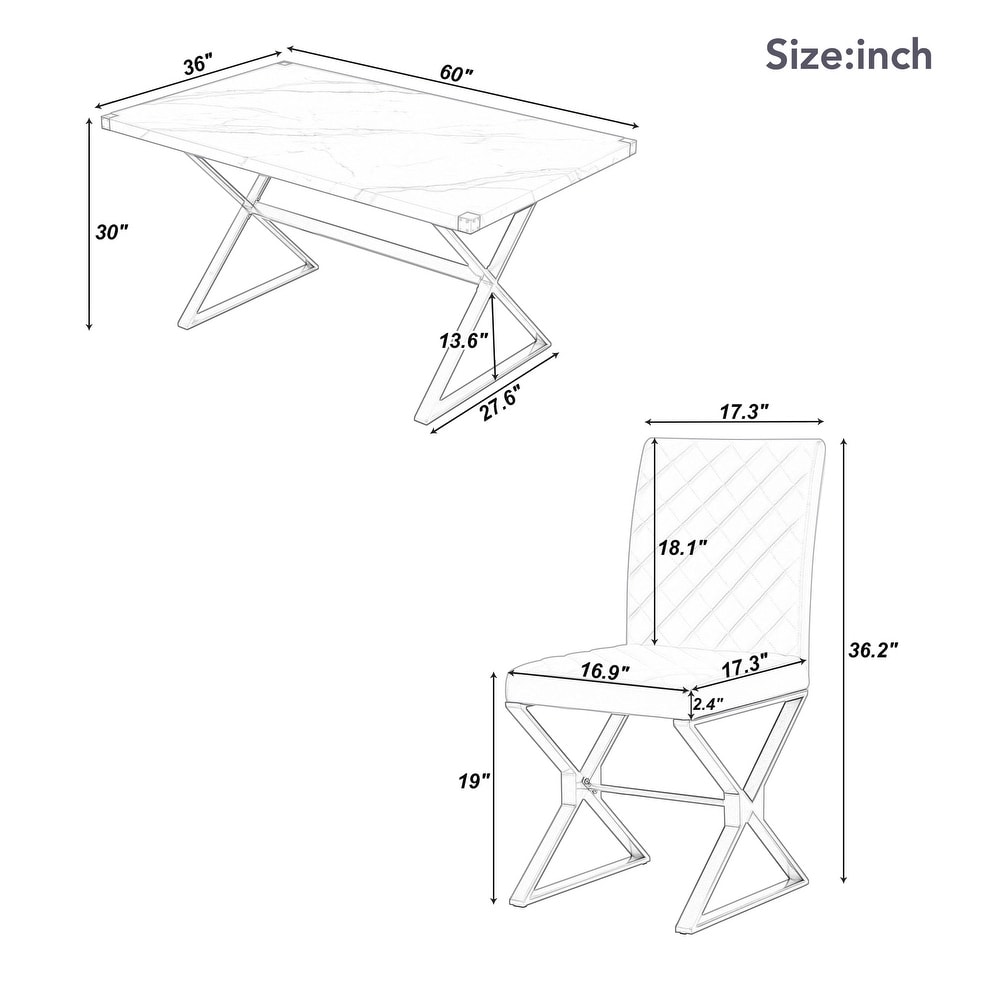 Modern White 7 Piece Dining Set with Marble Texture Table and PU Leather Chairs