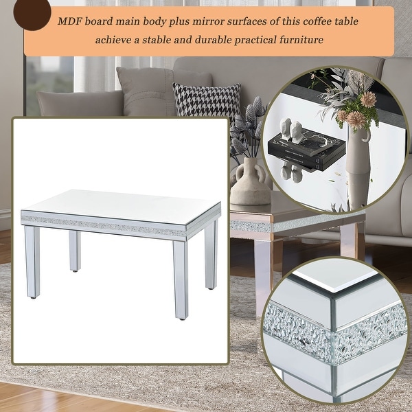 Modern Glass Mirrored Coffee Table， Easy Assembly Cocktail Table with Crystal Design and Adjustable Height Legs， Silver