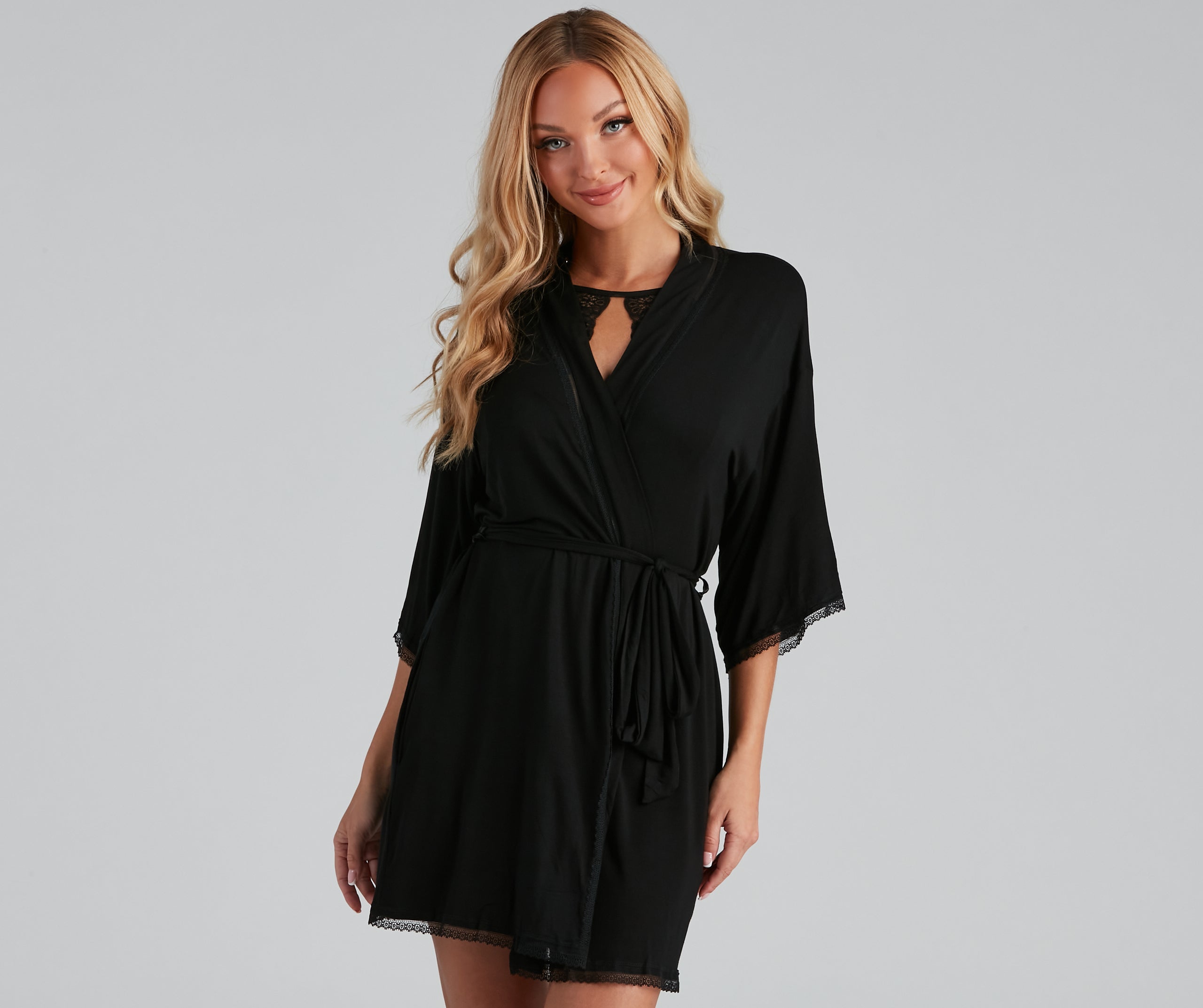 Wrapped In Lace Trim Knit Robe