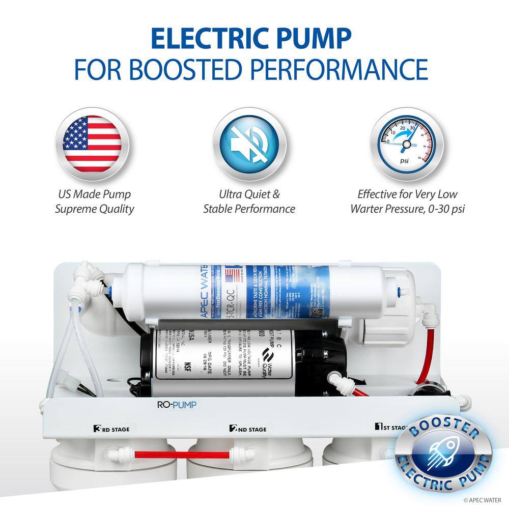 APEC Water Systems Ultimate Electric Pumped Undersink Reverse Osmosis Water Filtration System 50 GPD for Low Pressure Home 0-30 psi 120V US RO-PUMP