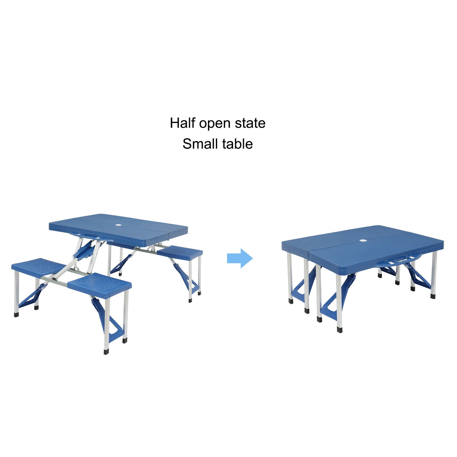 New Arrival Folding Picnic Table and Beach Set， Siamese Tables and Chairs Set， Aluminum Alloy Portable Desk with 4 Seats for Indoor Outdoor Travel， Camping.Hole for Parasol， Foldable