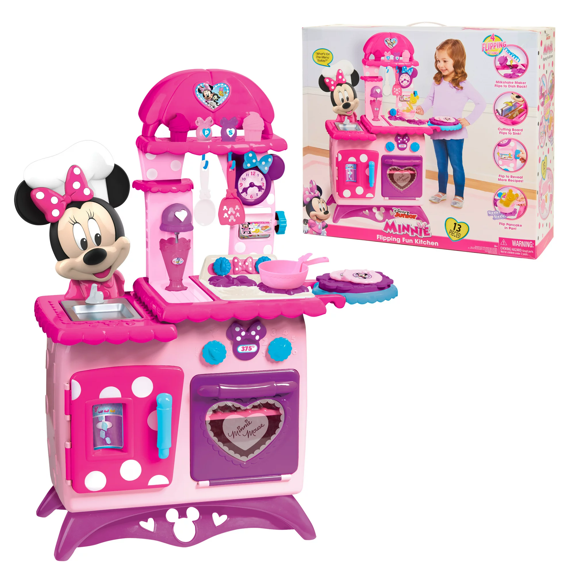 Disney Junior Minnie Mouse Flipping Fun Pretend Play Kitchen Set， Play Food， Realistic Sounds， Kids Toys for Ages 3 up