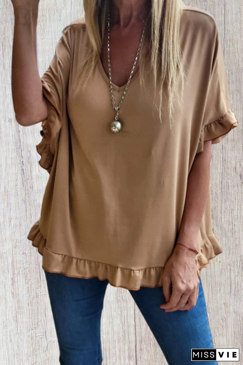 Khaki Ruffle Trim Short Sleeve Oversize Blouse