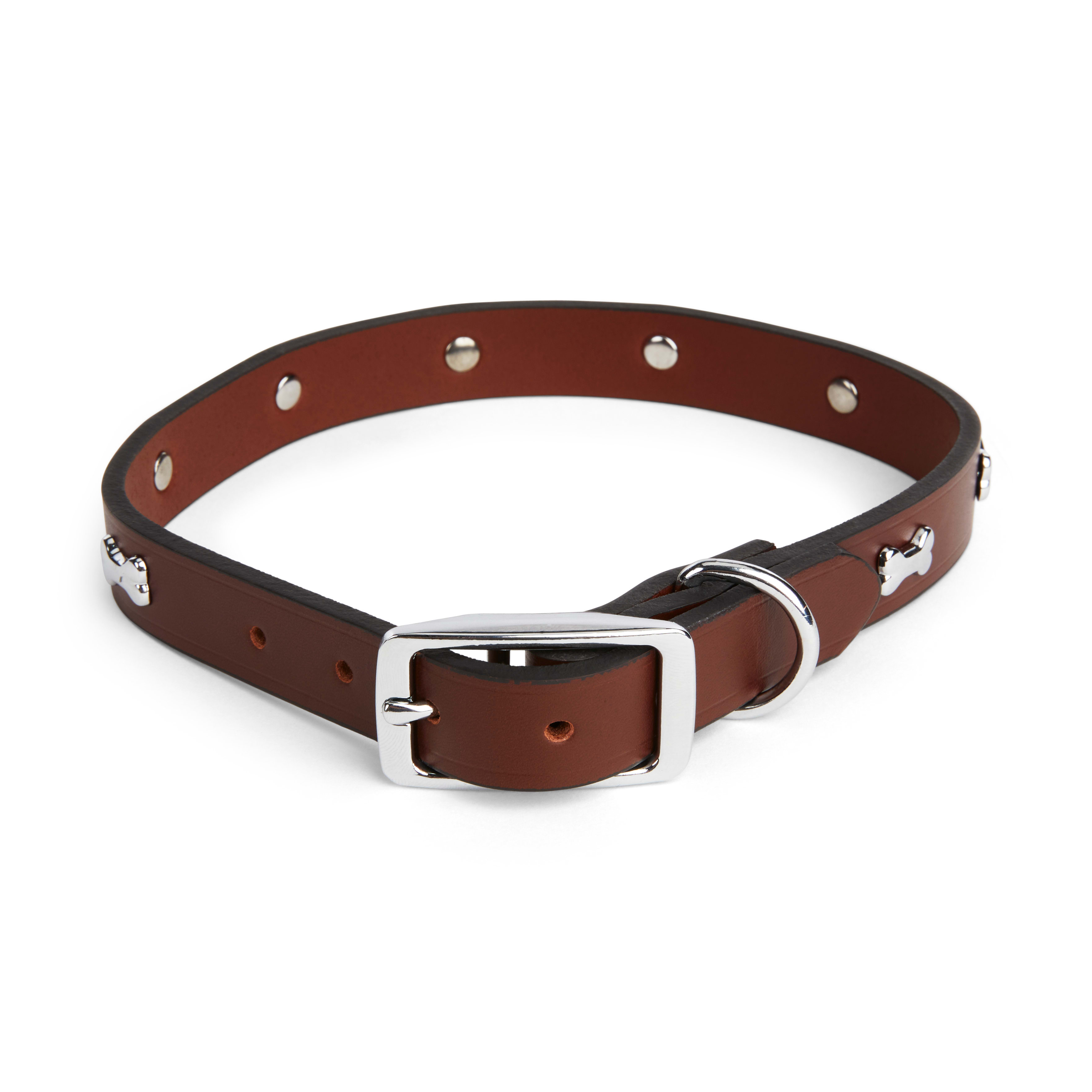 YOULY The Rebel Brown Leather Bone Stud Dog Collar， Medium