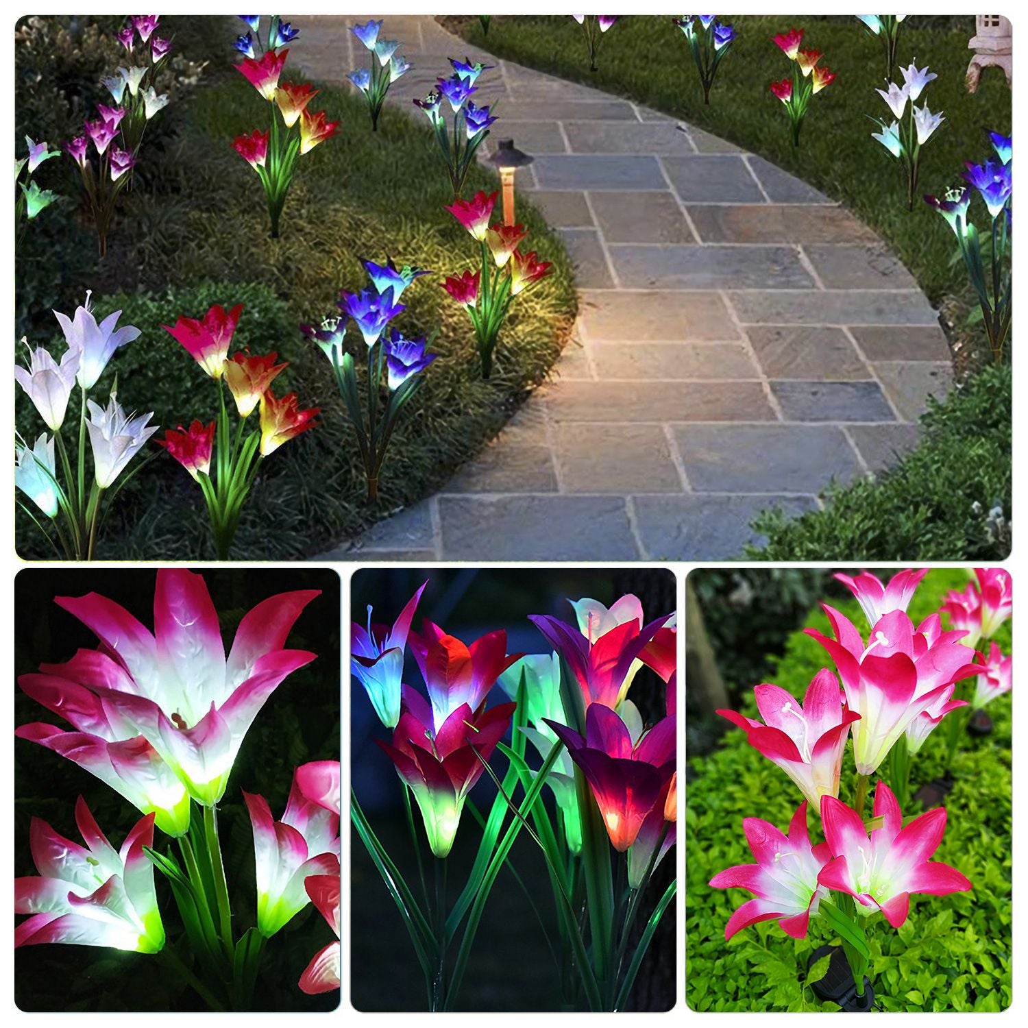 Solarek 2Pcs Solar Garden Lights Outdoor Lily Flower LED Light 7-Color Changing IP65 Waterproof Pathway Stake Lights Patio Decorative for Garden Patio Yard Walkway