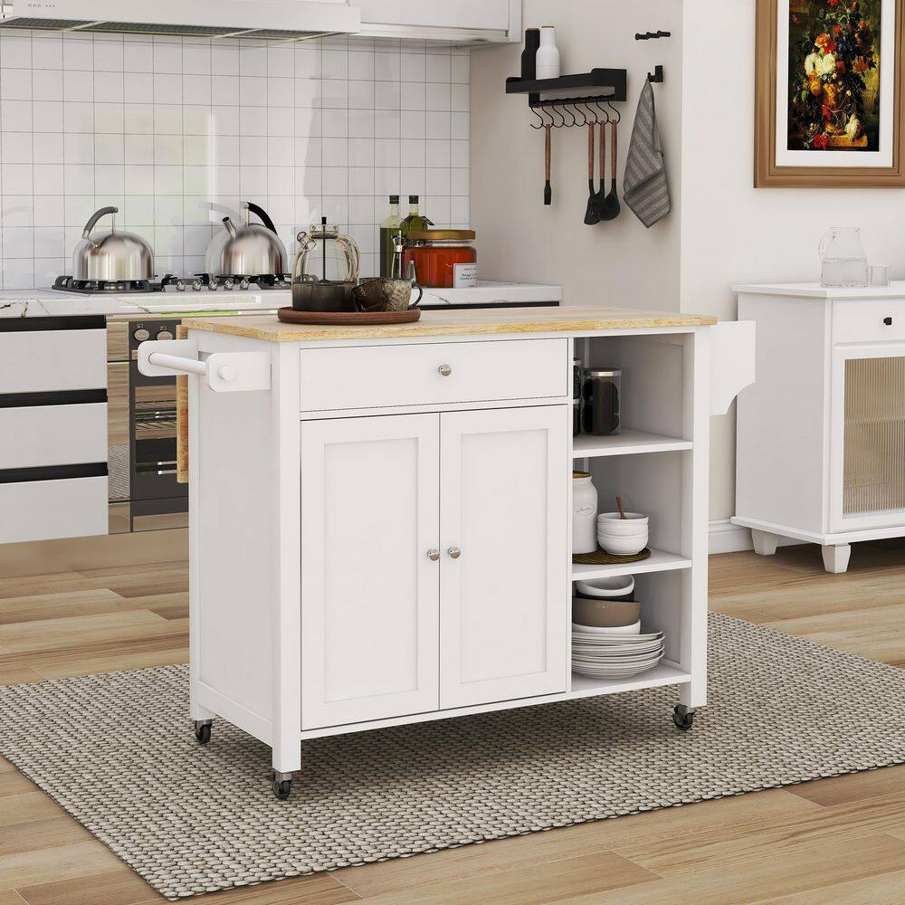 Tileon White Drop Leaf Top Kitchen Island With 1-Drawer 3-Open Shelves Towel Rack and Spice Rack AYBSZHD2024