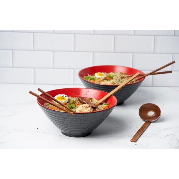 Kook Ramen Bowls With Wooden Spoons And Chopsticks 60 Oz Set Of 2 Black red