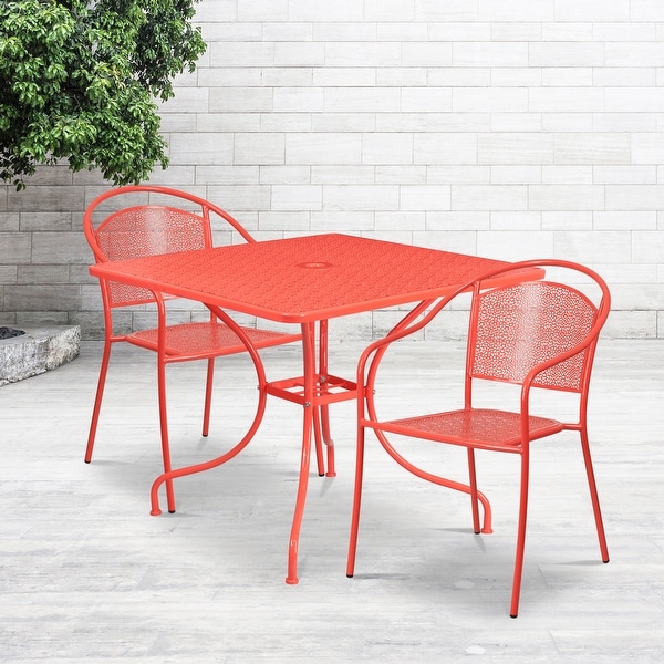 35.5inch Square Steel 3piece Patio Table Set with Round Back Chairs