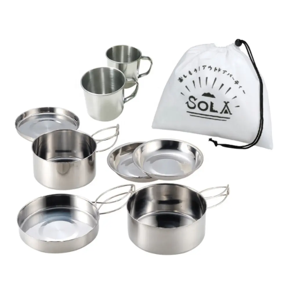 8 PCS Outdoor Cookware Folding Hiking Cooking Pots Non stick Stainless Steel Camping Cookware  Set