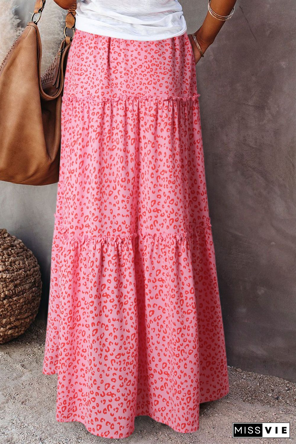 Pink Leopard Print Frilled Drawstring High Waist Maxi Skirt