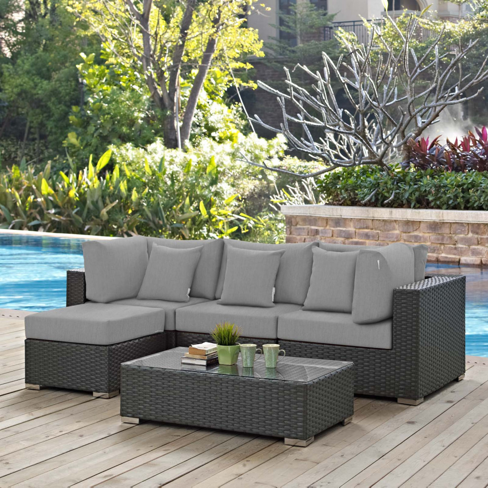 Sojourn 5 Piece Outdoor Wicker Rattan Sunbrella Sectional Set   Traditional   Sectional Sofas   by Homesquare  Houzz