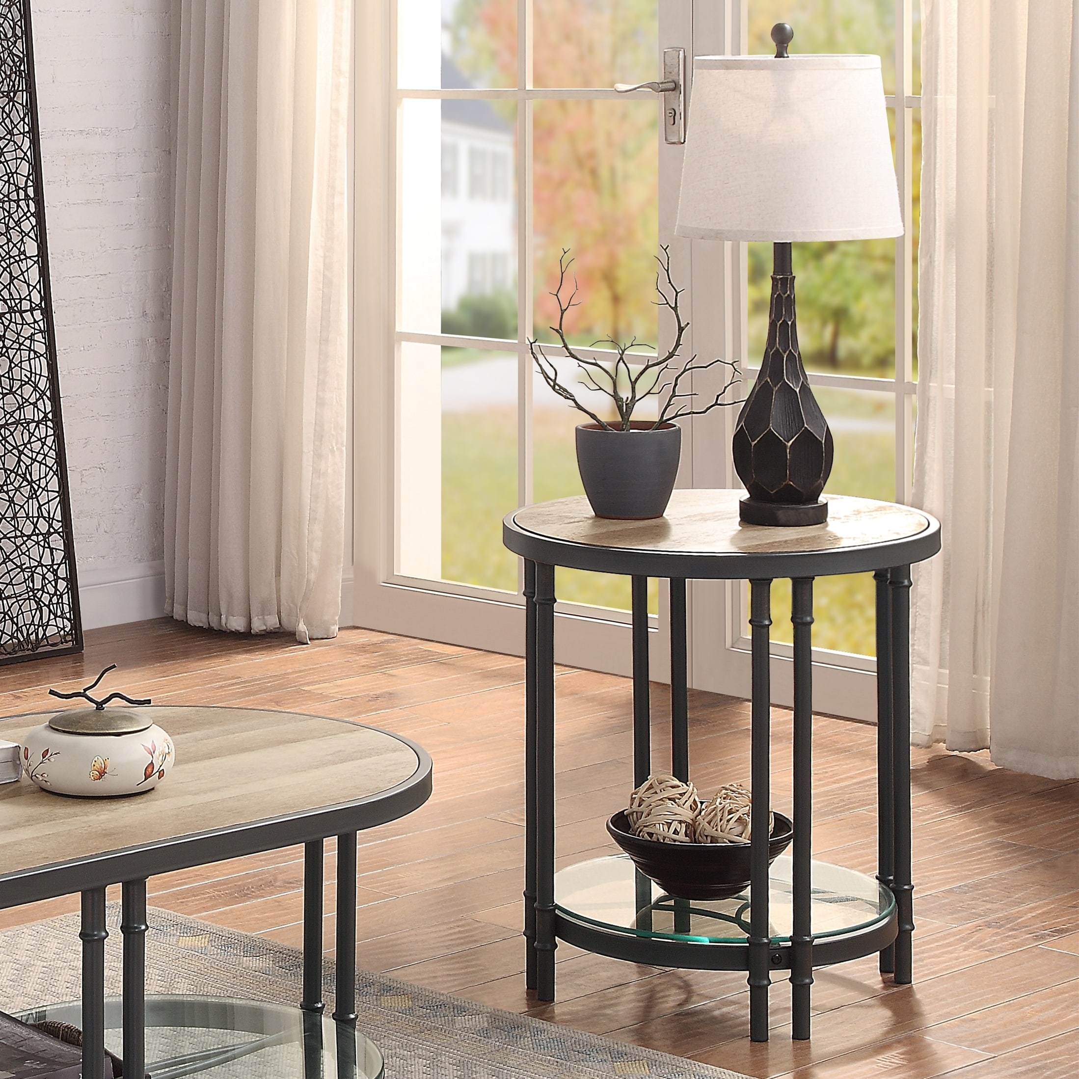 Brantley Metal Round End Table with Glass Open Storage Shelf in Oak and Sandy Black Finish