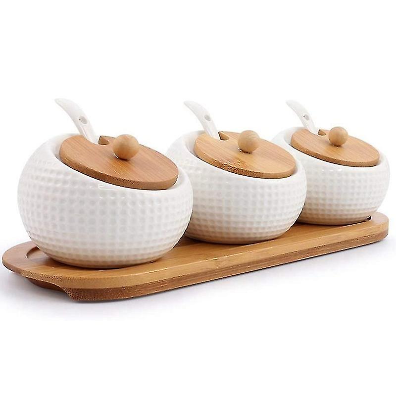 New Porcelain Condiment Jar Spice Container With Lids - Bamboo Cap Holder Ceramic Serving Spoon Wooden Tray