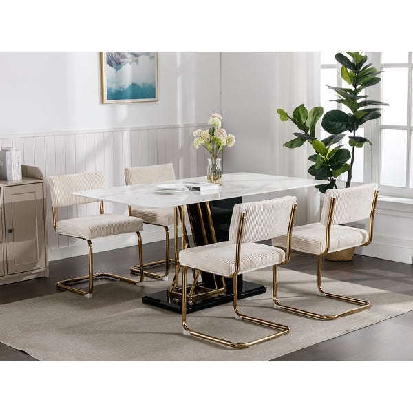 Modern Dining Chairs with Corduroy Fabric，Gold Metal Base， Accent Armless Kitchen Chairs with Channel Tufting，Set of 2