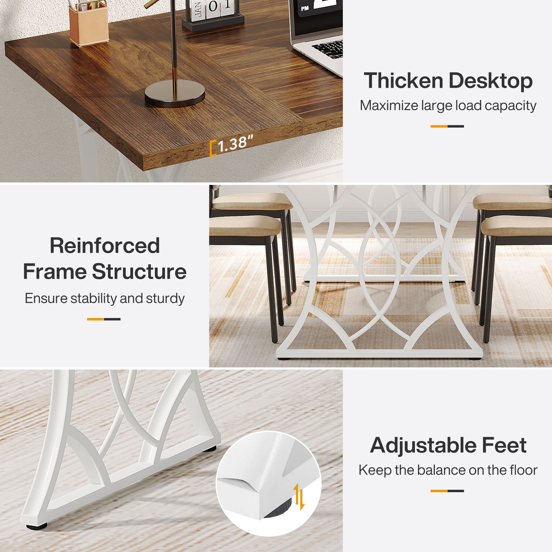 63-Inch Executive Desk, Industrial Computer Desk with Wooden Tabletop