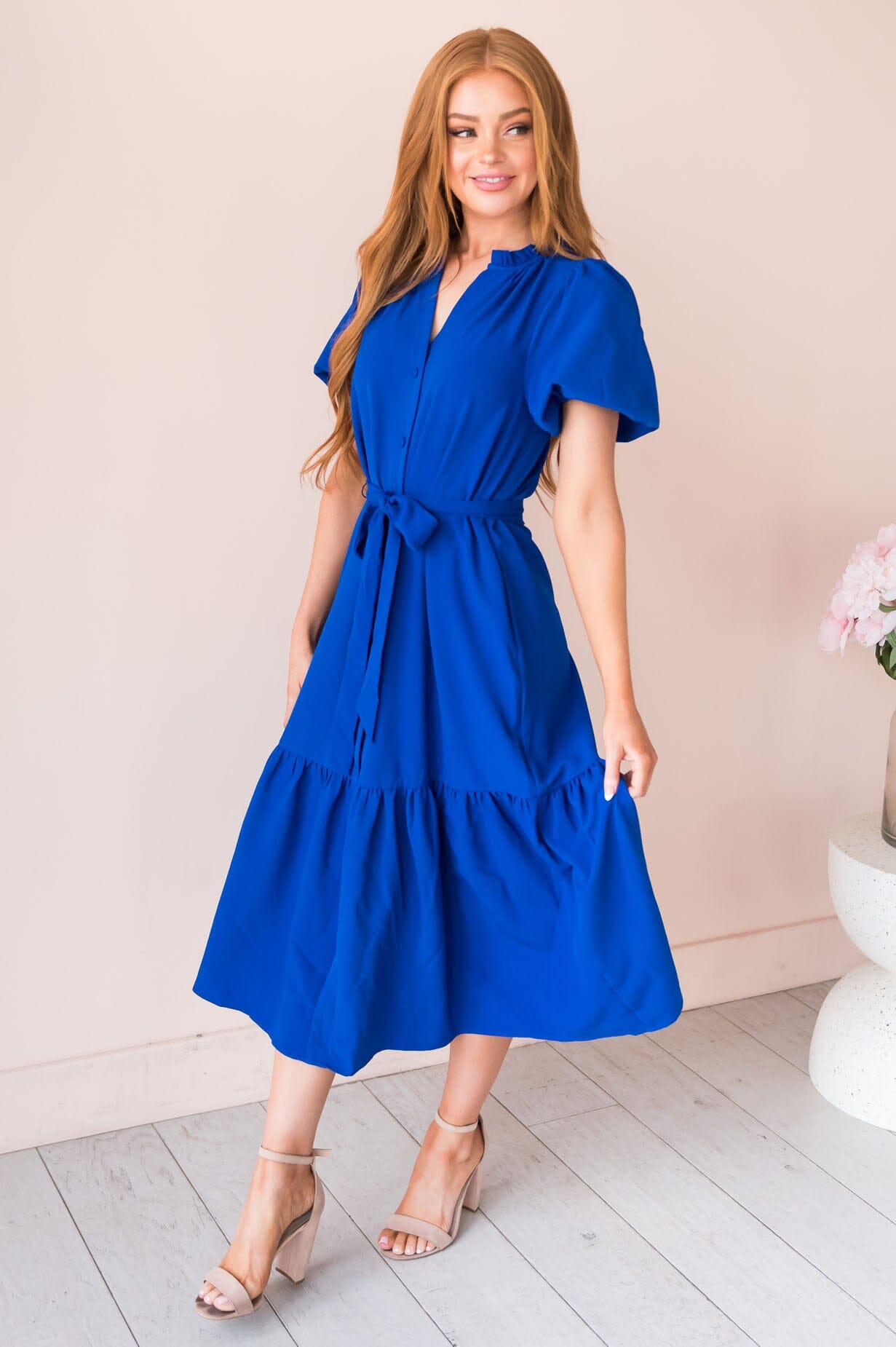 Alaska V-neck Puff Sleeve Spring Dress-Diamond Blue