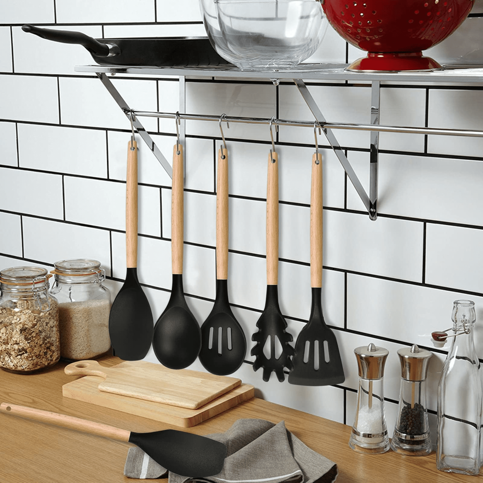 Kitchen Utensils Set of 6, E-far Silicone Cooking Utensils with Wooden Handle, Non-stick Cookware Friendly & Heat Resistant, Includes Spatula/Ladle/Slotted Turner/Serving Spoon/Spaghetti Server(Black)