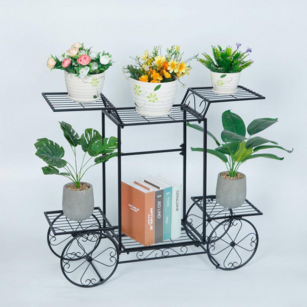 YIYIBYUS 26.77 in. H x 32.67 in. W OutdoorIndoor Black Metal Plant Stand Cart Shaped Flower Pot Holder HG-HCXLST-3226