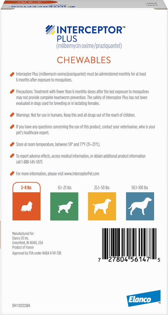 Interceptor Plus Chew for Dogs， 2-8 lbs， (Orange Box)