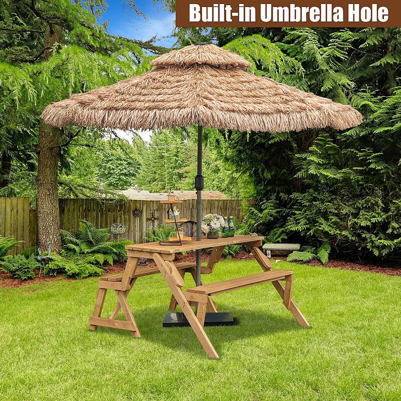 2-in-1 Transforming Interchangeable Wooden Picnic Table Bench with Umbrella Hole-Dark Golden Brown