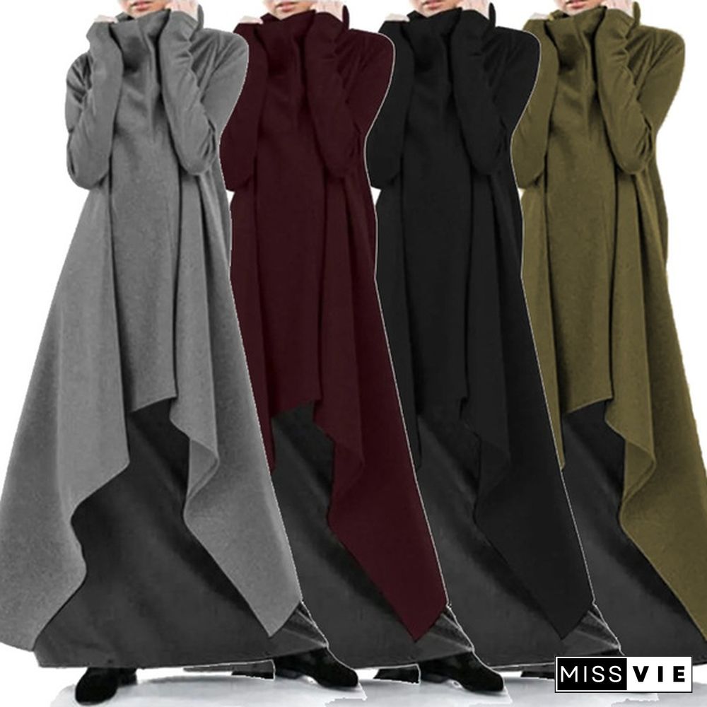 Women's Fashion Solid Color Coat Long Sleeve Robe Loose Poncho Coat High Neck Pullover Irregular Hem Casual Long Hoodies