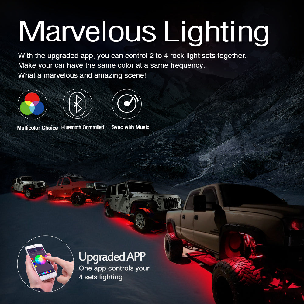 MICTUNING 8 Pods 2nd-Gen RGB LED Rock Light Kit with Bluetooth Controller Timing Funtion Music Mode