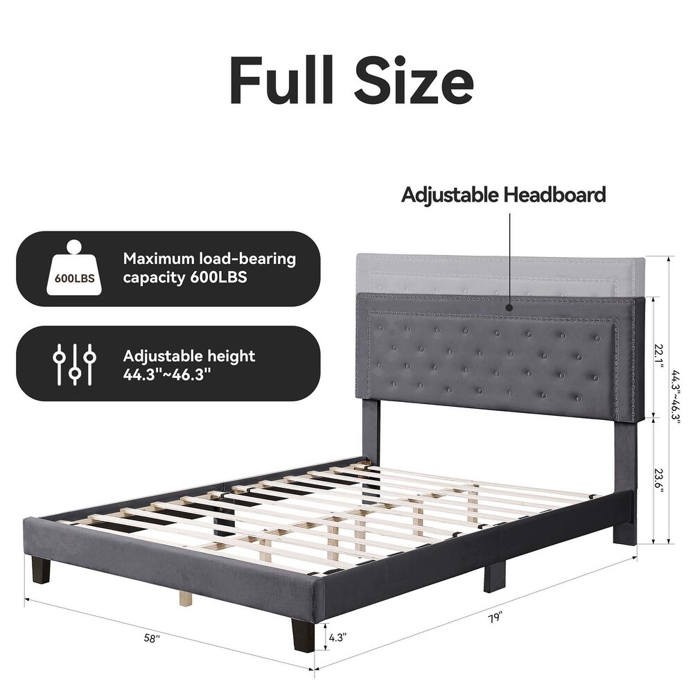 Morden Fort Full Size Bed Frame   Adjustable Headboard with Luxurious Velvet Upholstery