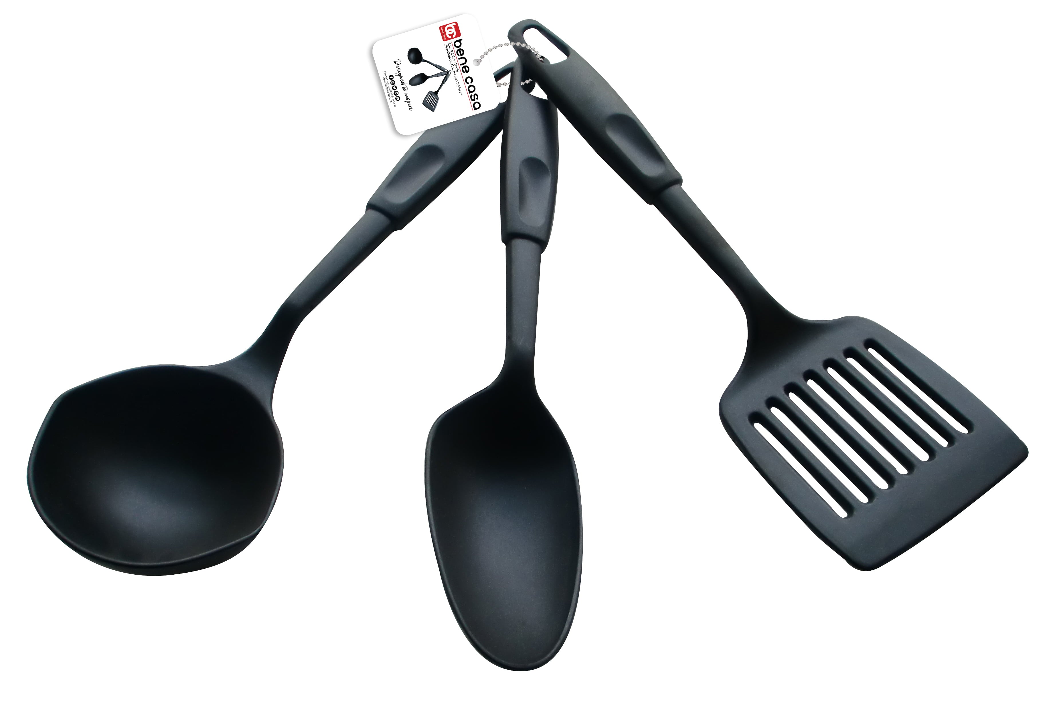 Bene Casa 3-piece nylon kitchen utensil set, ladle, spoon, slotted turner, black, scratch resistant, utensil safe for non-stick cookware, dishwasher safe