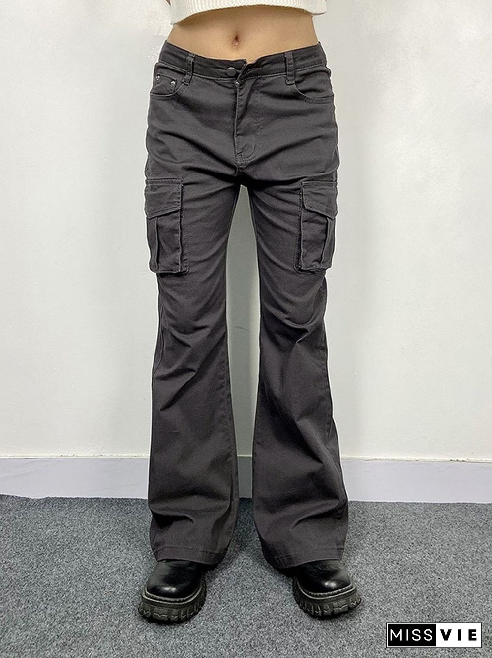 Flap Pocket High Elasticity Flare Cargo Pants