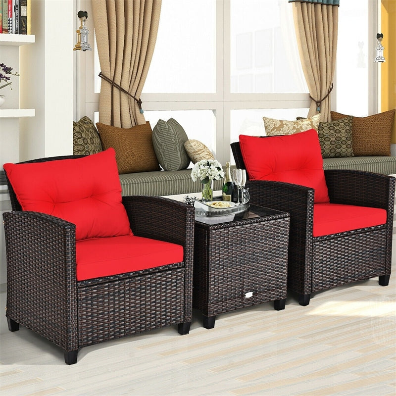 3 Pieces Patio Rattan Furniture Set Outdoor Wicker Conversation Set with Washable Cushion and Coffee Table