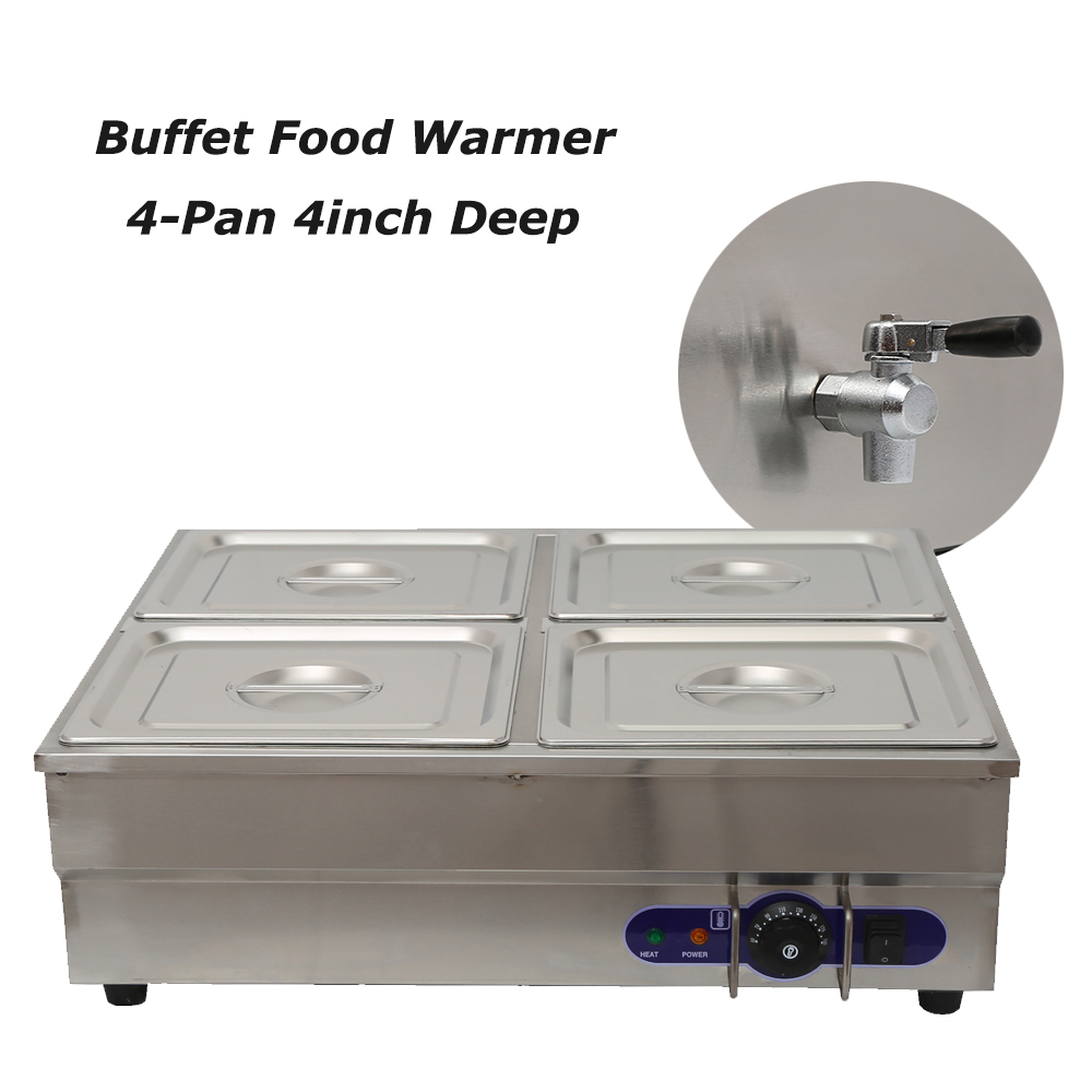 TECHTONGDA Commercial Food Warmer Squarish Stainless Steel Bain Marie Buffet Countertop 4-Well Electric Steam Heater