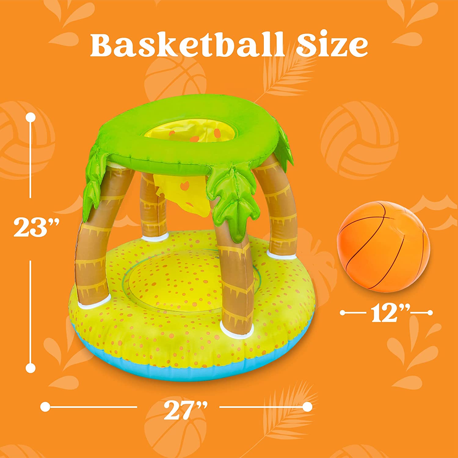 Clearance - Palm Tree Design Pool Volleyball Net & Basketball Hoop with 2 Balls