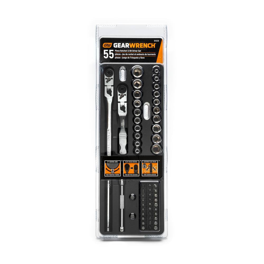 GEARWRENCH 14 in. Drive 6-Point SAEMetric Slim Flex-Head Ratchet and Socket Mechanics Tool Set (55-Piece) 81039