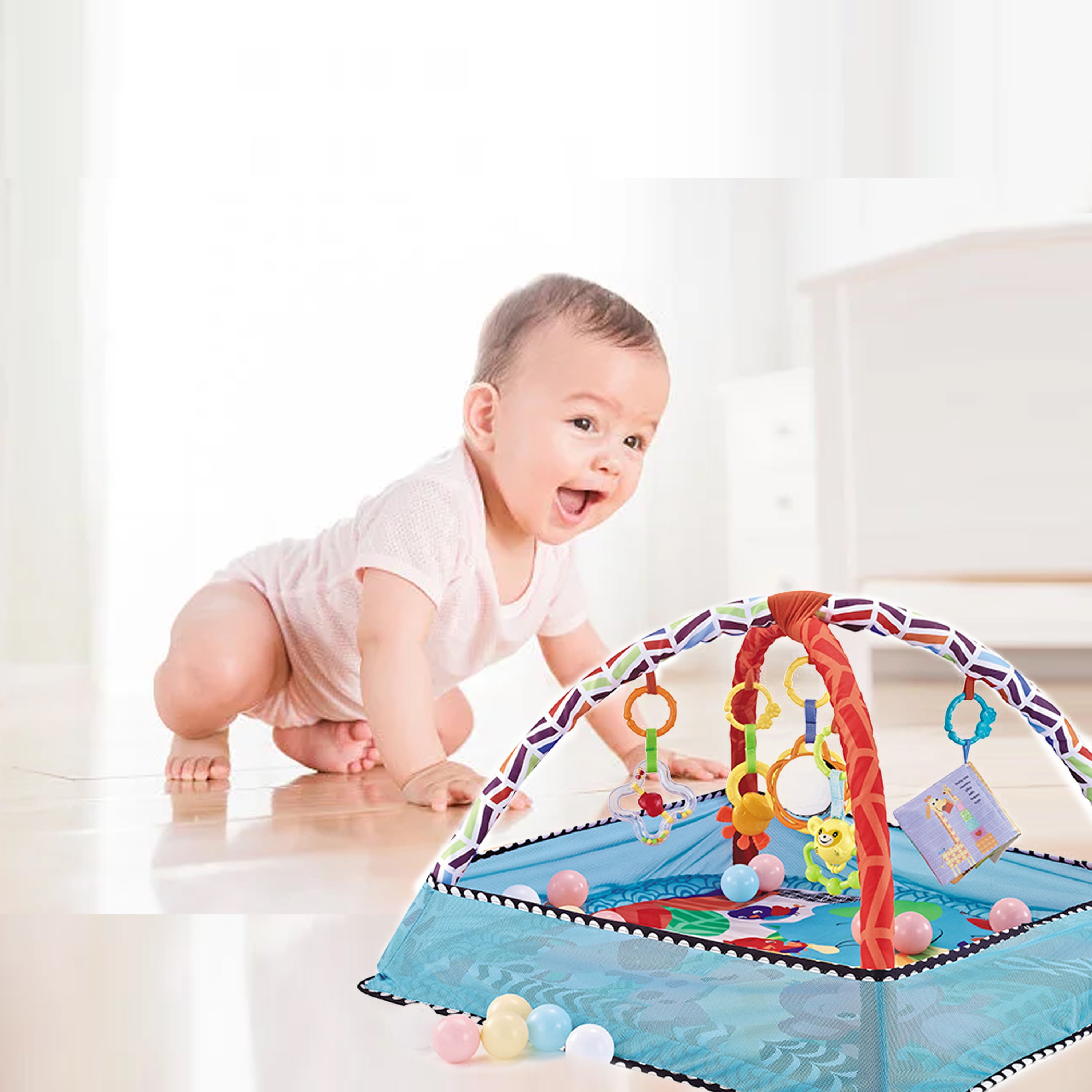 Baby Plays Mat Gym Activity Play Mat with 5 Hanging Toys and 18 Balls Infant Floor Crawling Mat Play Gym for Kids Boys and Girls