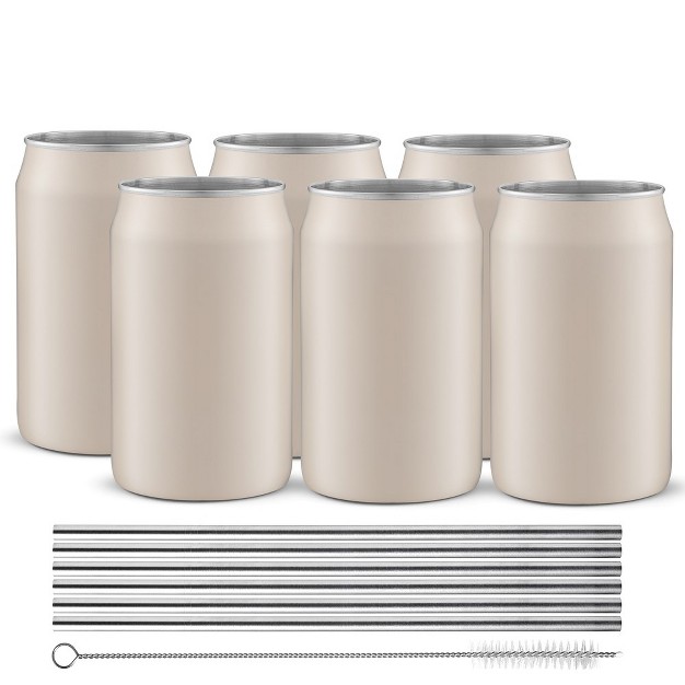 Joyjolt Stainless Steel Can Drinking Tumblers With 6 Straws amp Brush 16 Oz Beige