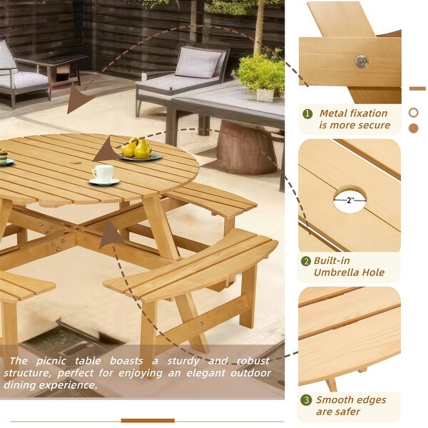 Outdoor 8Person Round Picnic Table with 4 Benches，Umbrella Hole