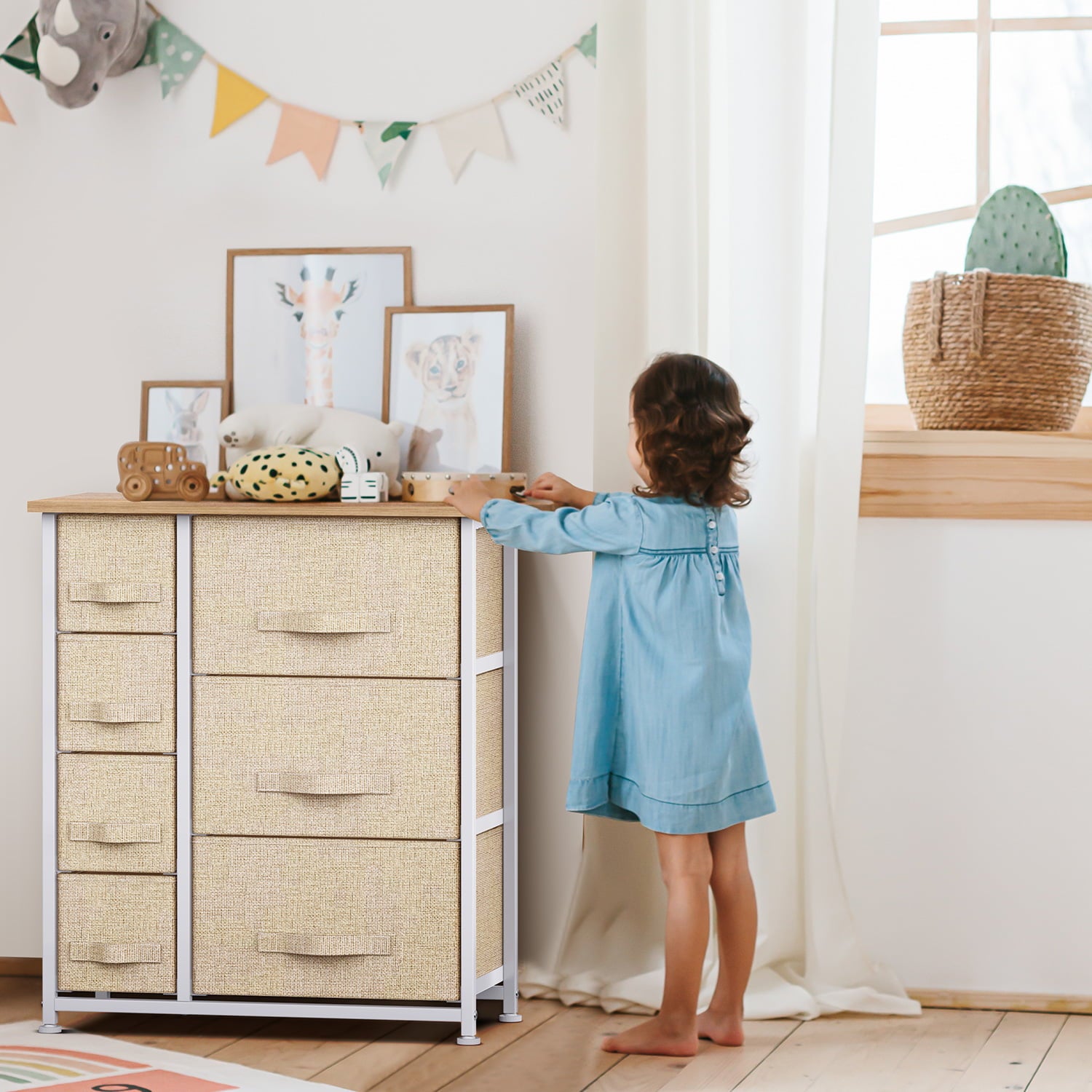 Beige Modern 7 Drawer Fabric Dresser with Wood Top