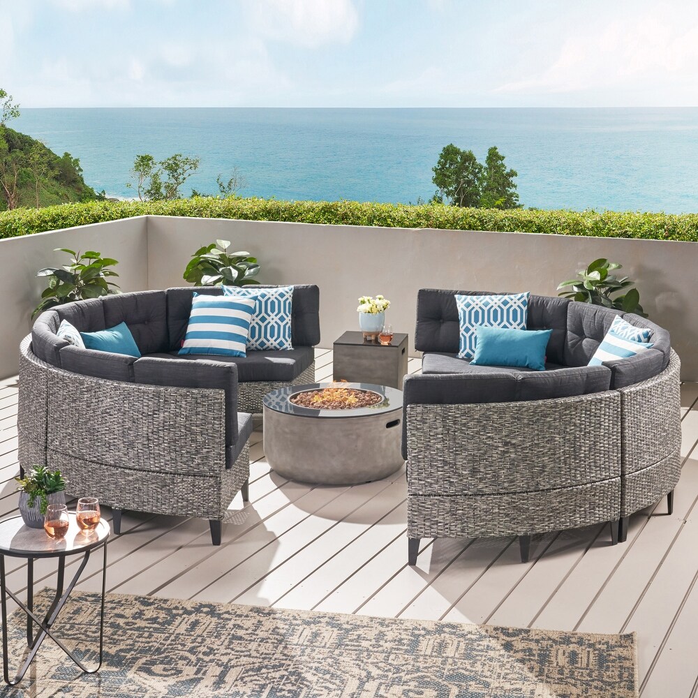 Baltaire Outdoor Round 8 Seater Wicker Sectional Set with Fire Pit and Tank Holder by Christopher Knight Home