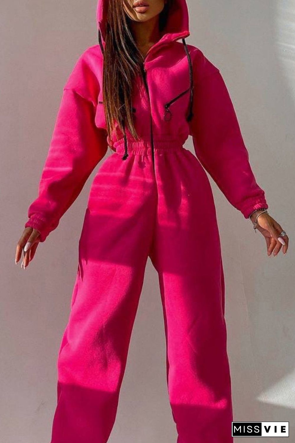 Street Solid Patchwork Hooded Collar Jumpsuits