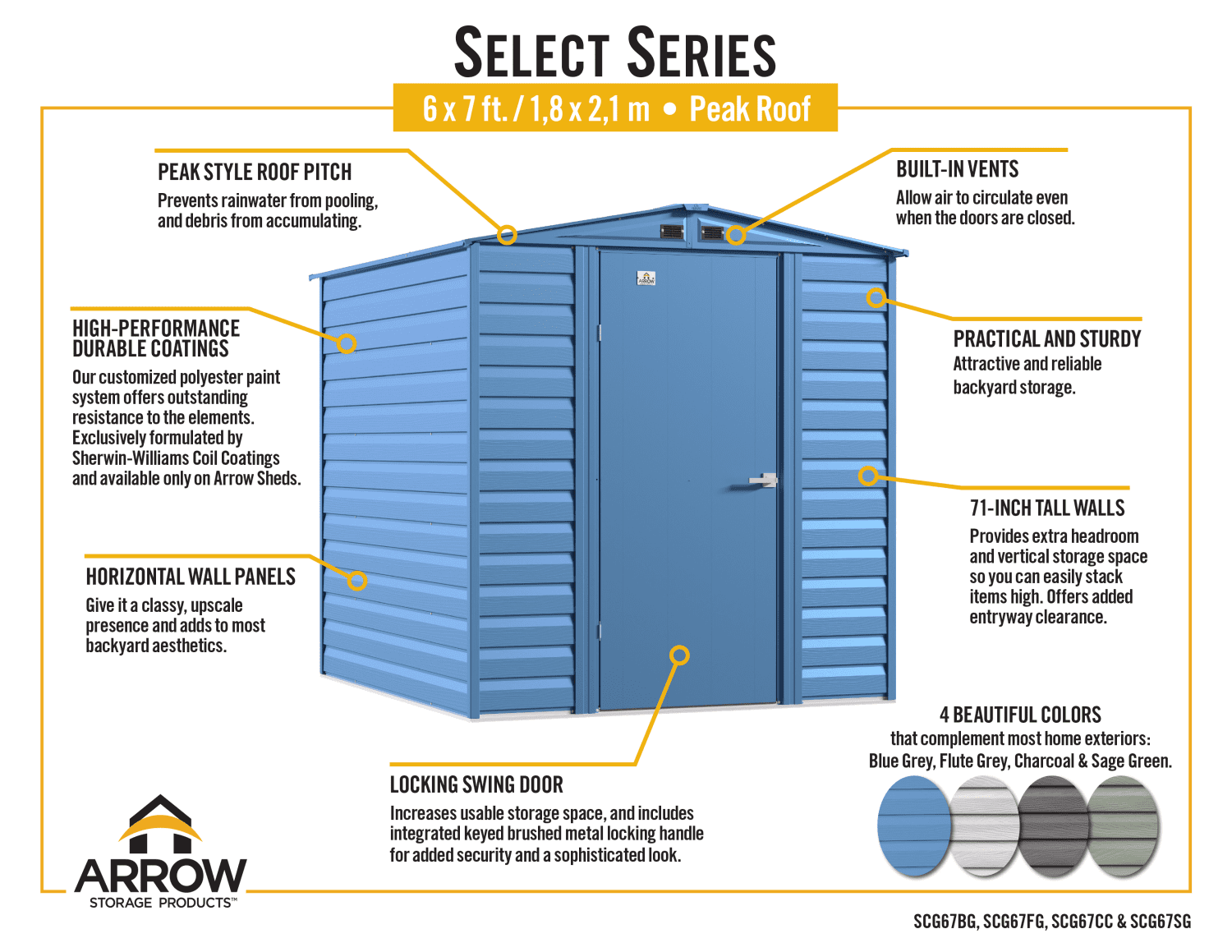 Arrow Select Steel Storage Shed, 6x7, Sage Green