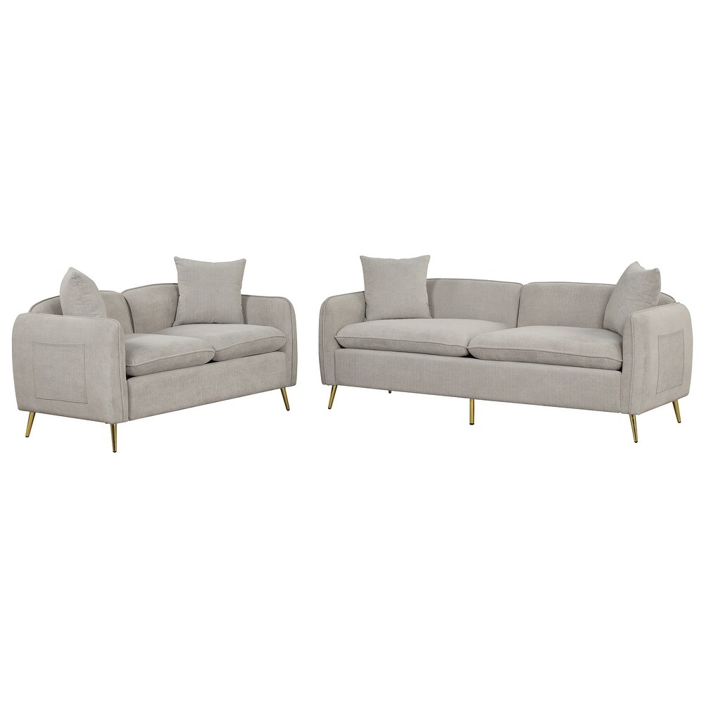 2 Piece Velvet Upholstered Sofa Set with Metal Legs and Side Pocket  Includes Loveseat  3 Seat Couch  and 2 Bolster Pillows